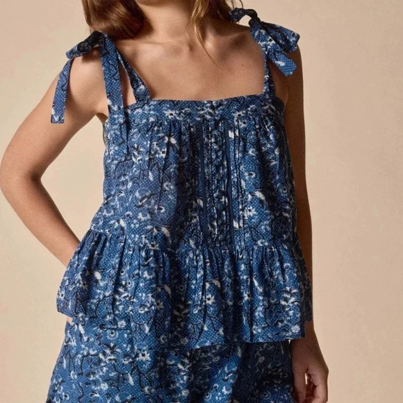 St. Roche Floral Dot Peplum Tie Strap Top Bluebell 2 NWT Spring Feminine Classic - Picture 1 of 9